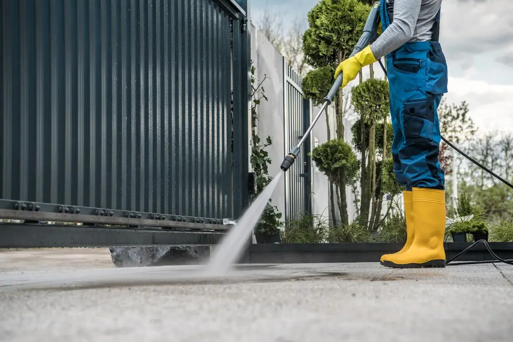 Worker wearing yellow boots and gloves using a high-pressure power washer to clean a concrete driveway and metal gate outdoors.