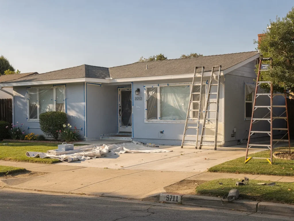California home prepped and masked for exterior painting during mild, dry weather conditions ideal for painting
