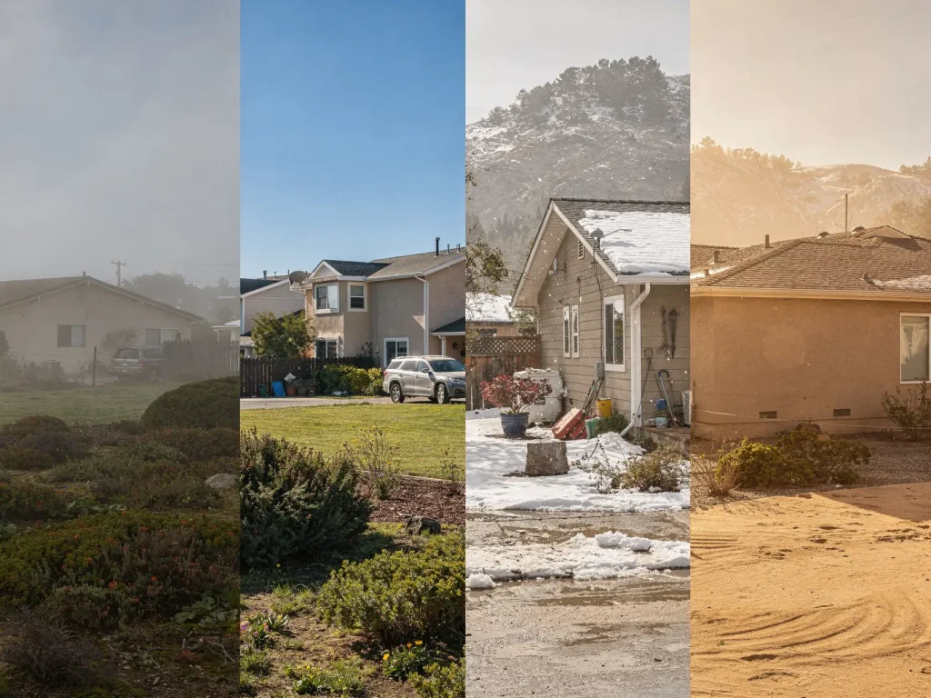 Different California climate conditions affecting exterior house paint, including coastal fog, inland sun, mountain snow, and desert heat