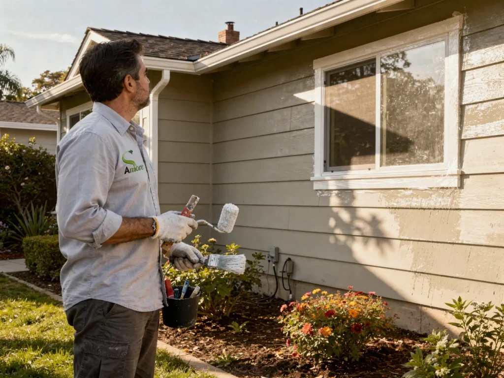 Professional exterior painter inspecting a California home before repainting, showing expert evaluation and quality workmanship