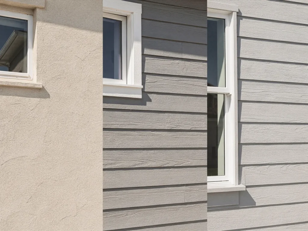 Comparison of common California house siding materials including stucco, wood siding, and fiber cement and how they affect repainting frequency