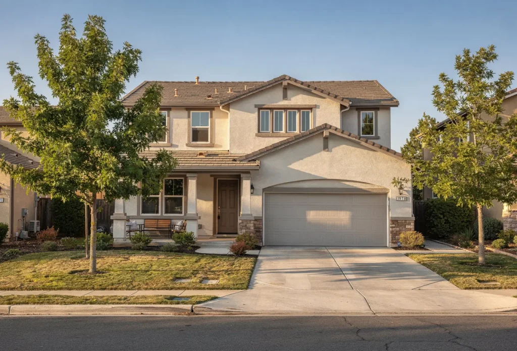 How Much Does It Cost to Paint a House in Pleasanton. Typical Pleasanton two-story home exterior, representing the cost to paint a house in Pleasanton, California