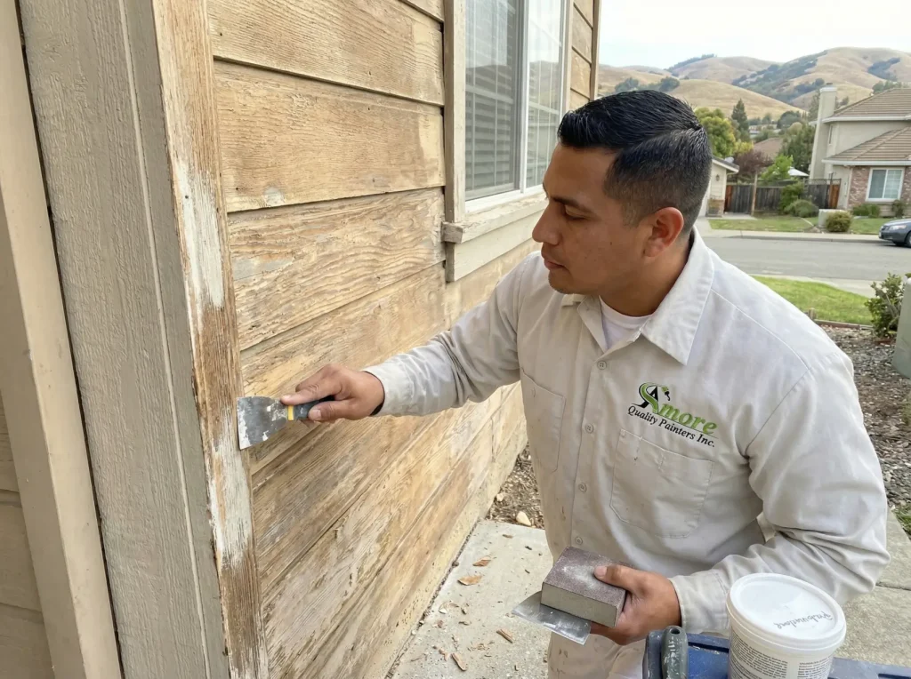Professional painter preparing exterior siding in Pleasanton, showing how proper prep work affects the final cost of house painting