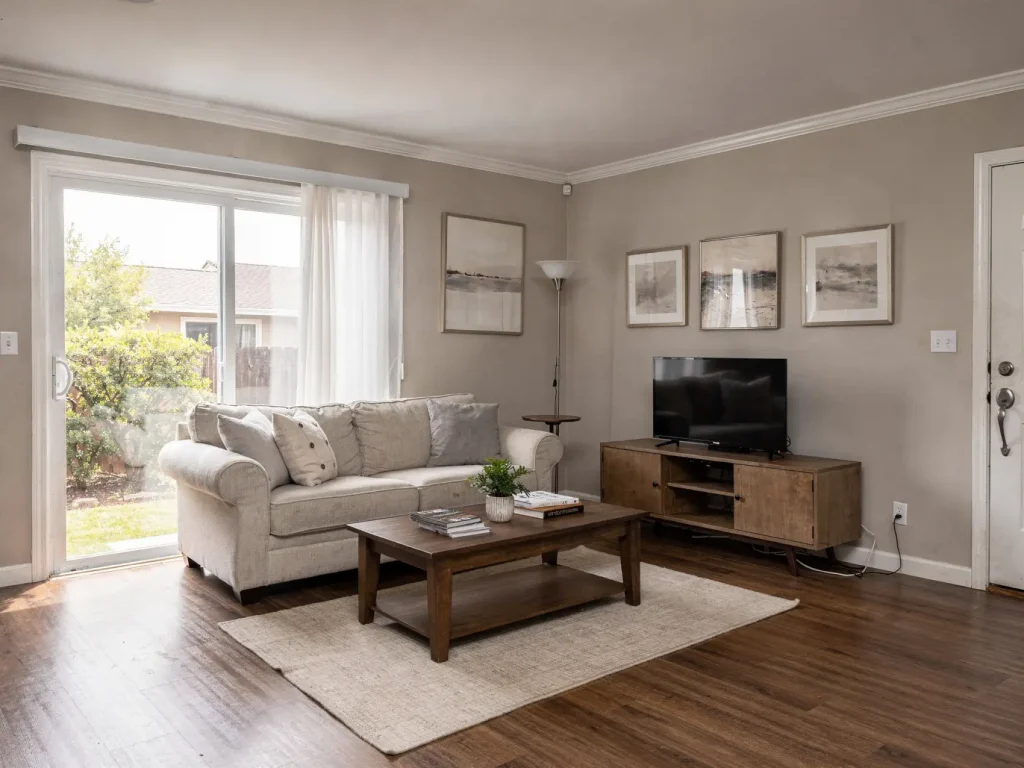 Freshly painted living room in a Pleasanton home, representing typical interior painting costs and finishes