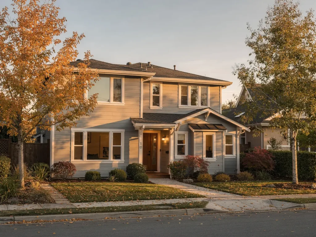 Bay Area home in fall with warm autumn colors showing ideal seasonal conditions for exterior painting