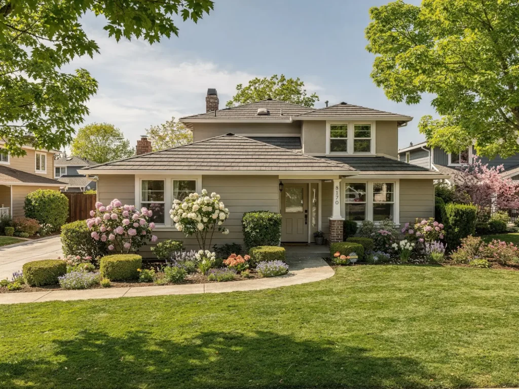 Bay Area home in late spring with blooming landscaping and mild weather, showing ideal conditions for exterior painting