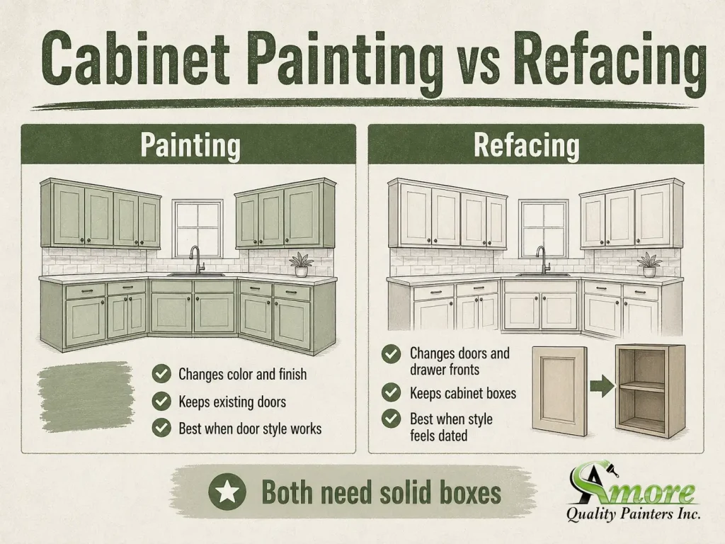 Amore Painters infographic explaining the difference between cabinet painting and cabinet refacing for kitchens with solid cabinet boxes.