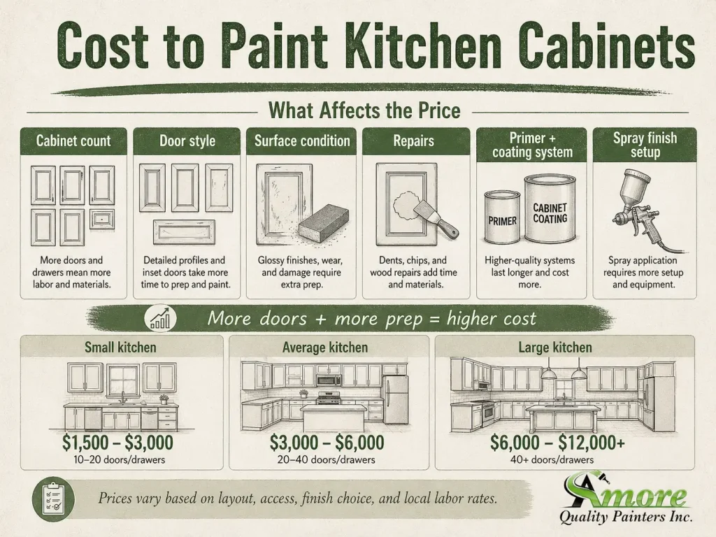 Amore Painters infographic showing cabinet painting cost factors such as cabinet count, door style, repairs, surface condition, primer, coating system, and spray setup.