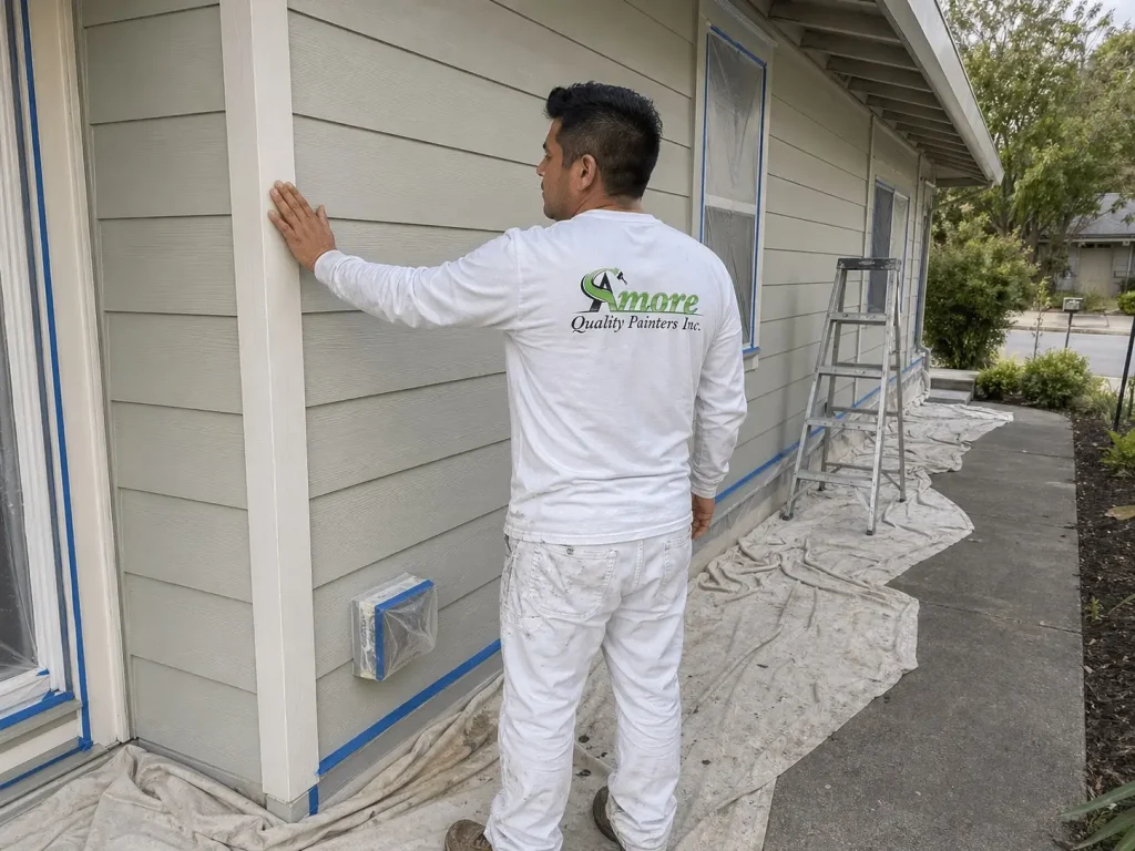 Amore Painters professional checking exterior siding during a repaint while weather and shade affect paint drying time.