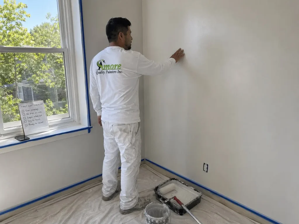 Painter checking that the first coat of interior paint is dry, even, and ready before applying a second coat.