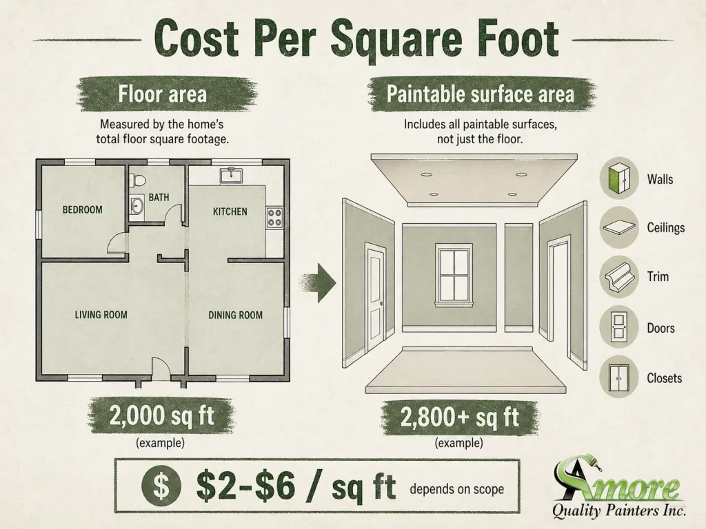 Infographic explaining the difference between floor square footage and paintable interior surface area.