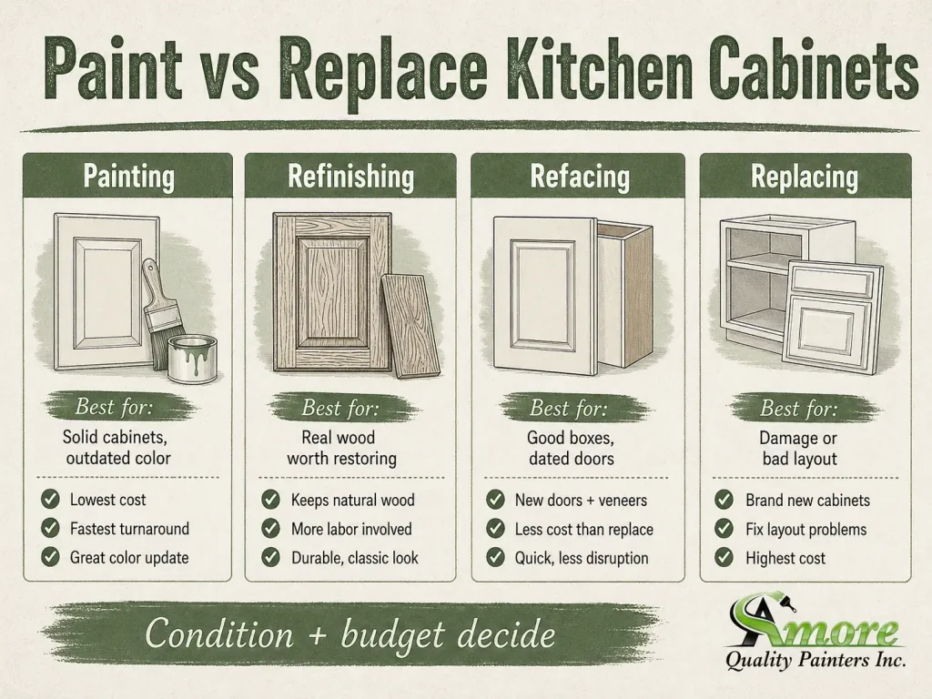 Amore Painters infographic comparing kitchen cabinet painting, refinishing, refacing, and replacing based on cabinet condition, budget, and layout needs.