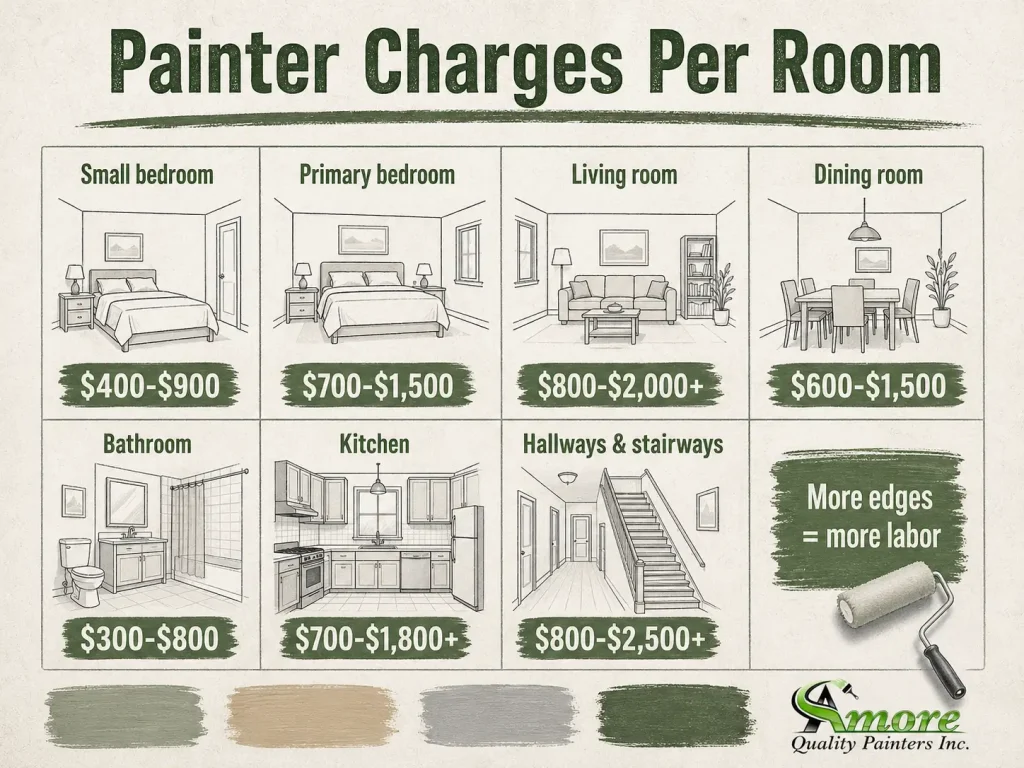 Room-by-room infographic showing common interior painting cost ranges for bedrooms, living rooms, kitchens, bathrooms, and hallways.