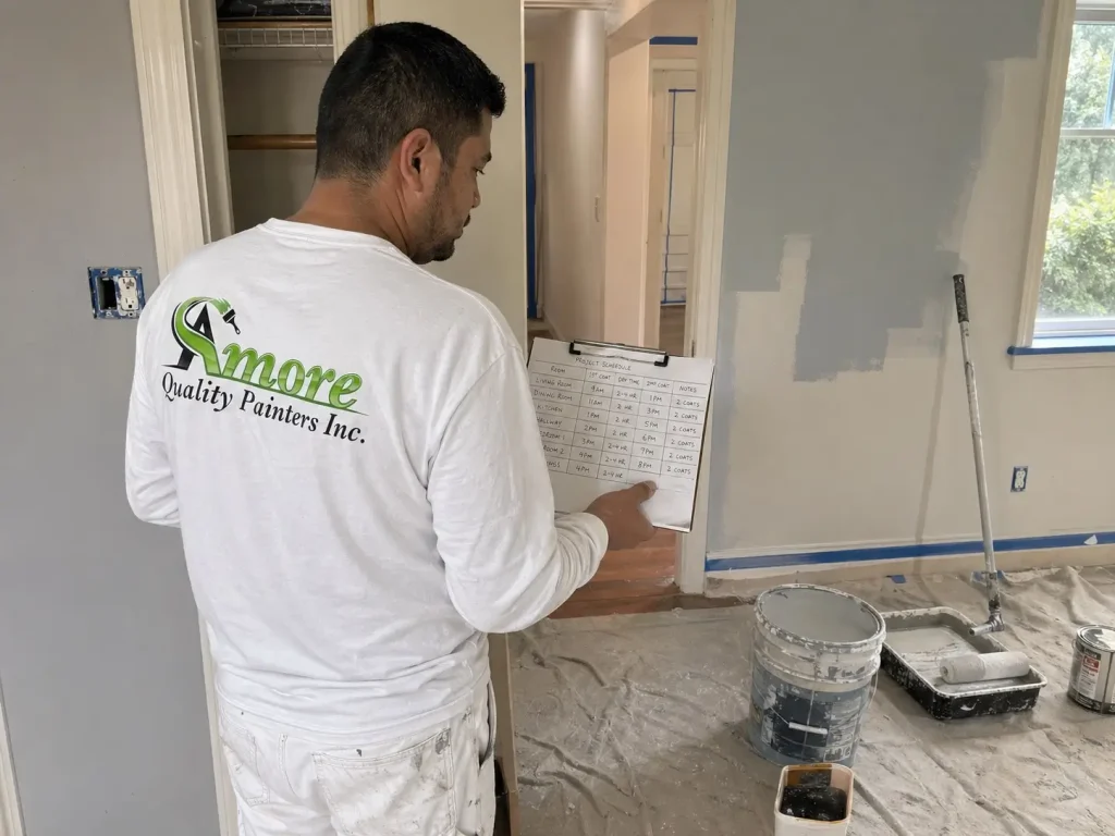 Amore Painters professional reviewing a painting schedule and drying times during an interior painting project walkthrough.