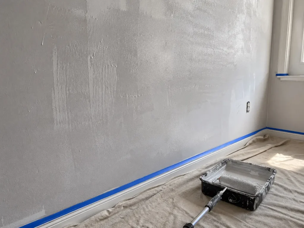 Close view of a wall with uneven sheen, roller marks, and tacky paint problems caused by applying a second coat too soon.