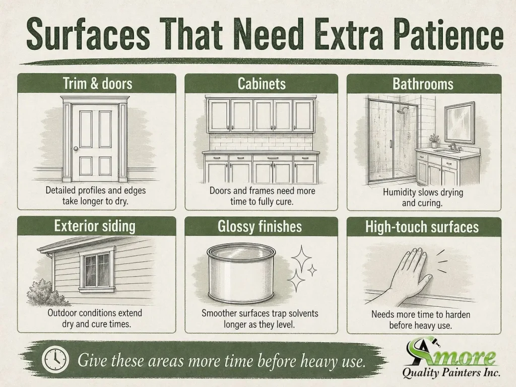 Amore Painters infographic showing surfaces that need extra drying time, including trim, doors, cabinets, bathrooms, and exterior siding.