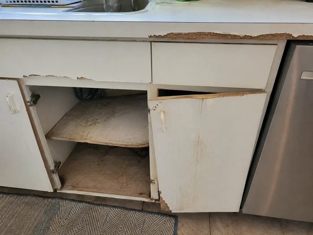 Damaged kitchen cabinets with swollen particleboard, water staining, peeling edges, and loose doors that may need replacement instead of painting.