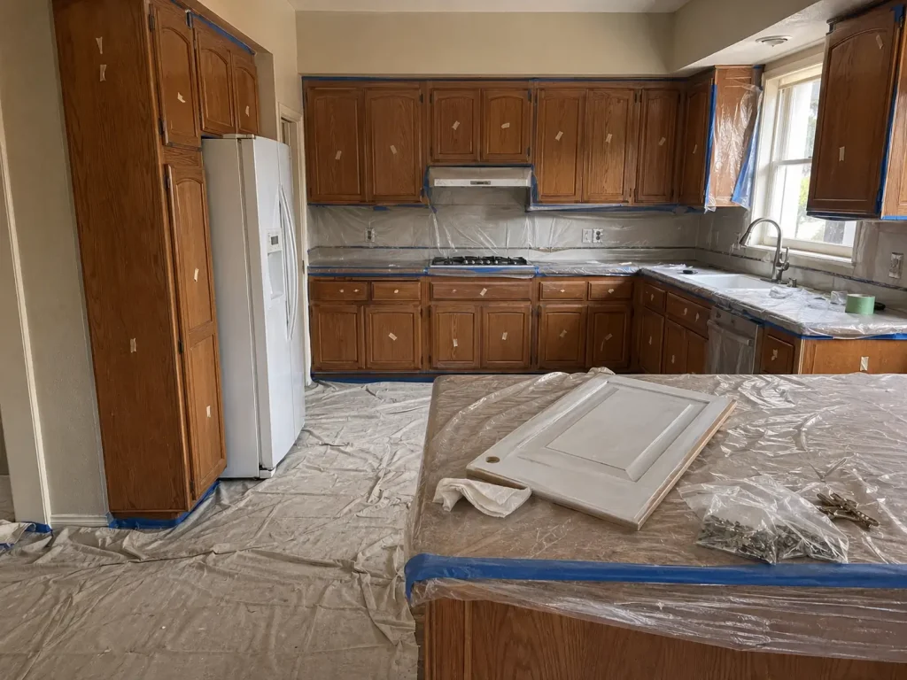 Solid kitchen cabinets prepared for painting with labeled doors, protected counters, taped edges, and a primed cabinet door sample.
