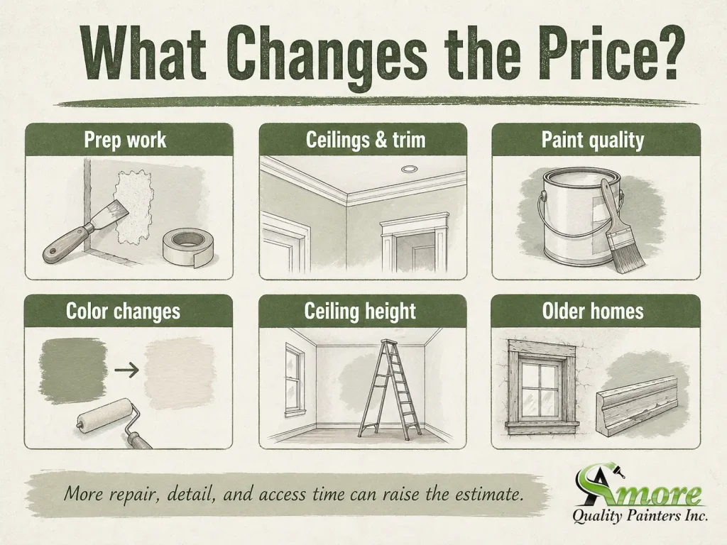 Infographic from Amore Painters showing key factors that affect whole house interior painting cost, including prep work, trim, paint quality, color changes, ceiling height, and older homes.