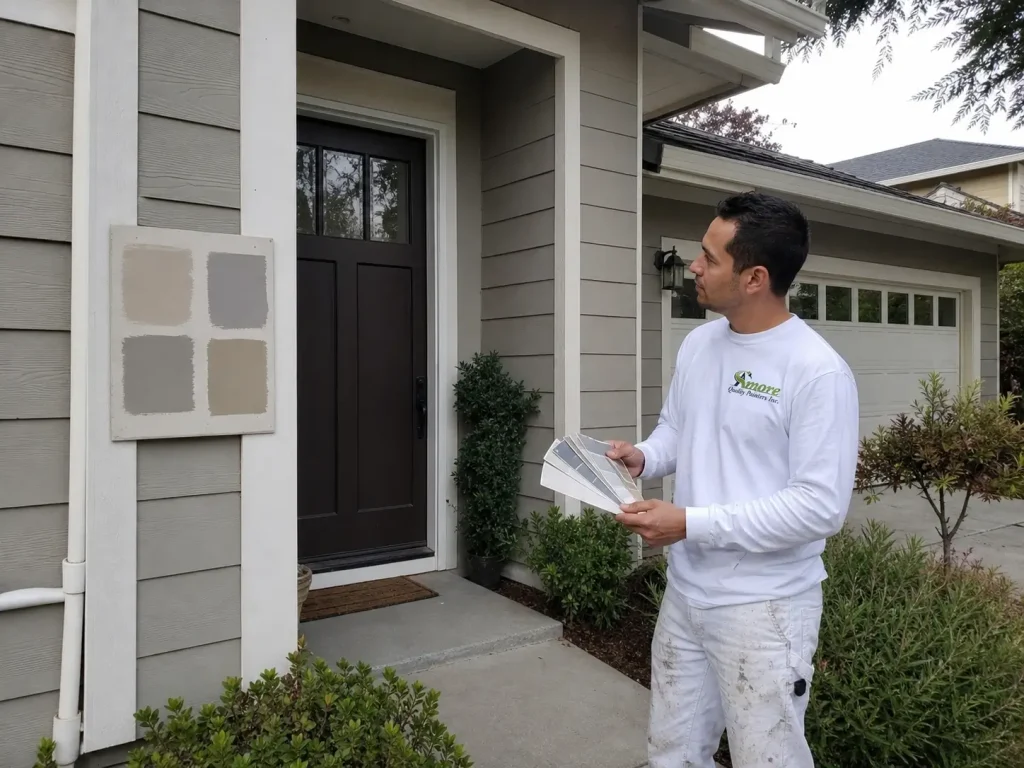 Amore Painters inspecting dated kitchen cabinets for repainting before a home sale