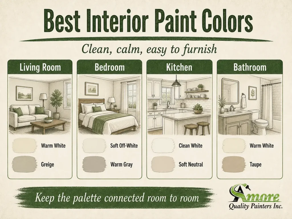 Best interior paint colors infographic showing warm white, greige, soft off-white, warm gray, clean white, soft neutral, and taupe for living rooms, bedrooms, kitchens, and bathrooms.