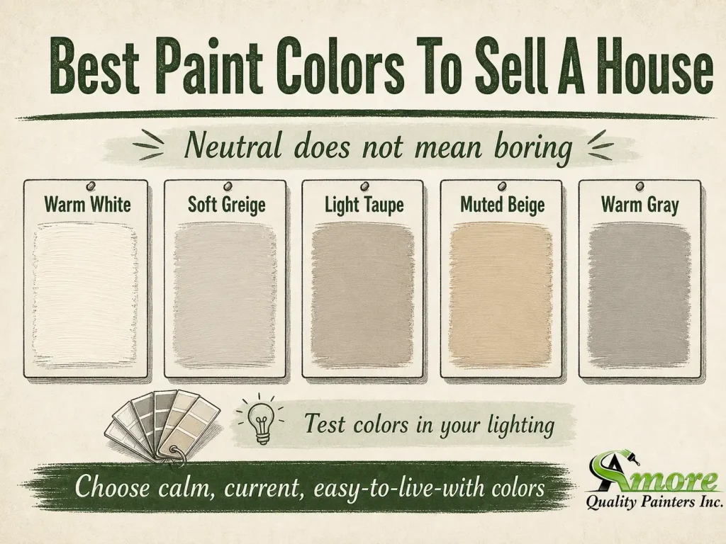 Best paint colors to sell a house infographic featuring warm white, soft greige, light taupe, muted beige, and warm gray as neutral staging colors.