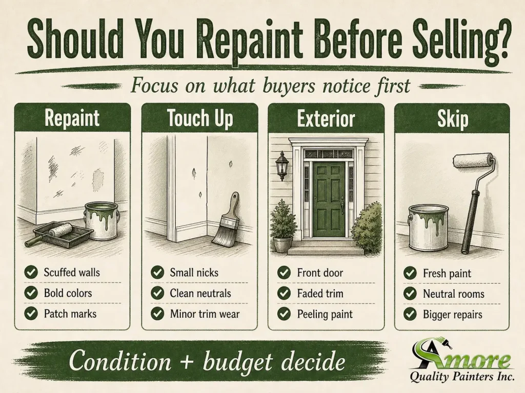 Infographic showing when to repaint, touch up, or skip painting before selling a house
