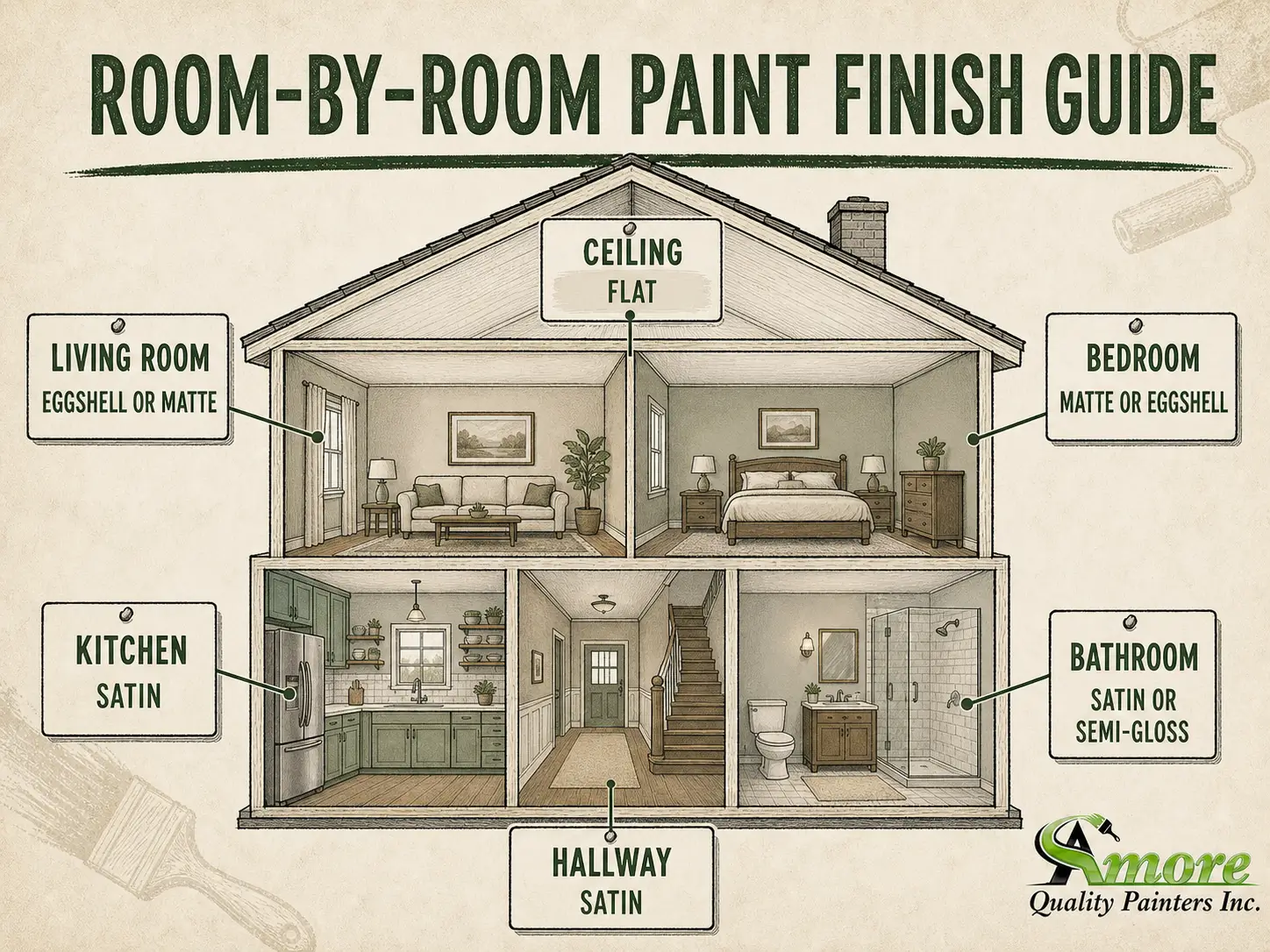 Amore Painters room-by-room guide showing recommended paint finishes for living rooms, bedrooms, kitchens, bathrooms, hallways, and ceilings.
