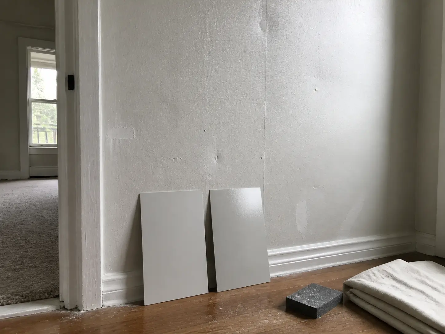 Matte and satin sample boards beside an imperfect textured wall lit from the side.