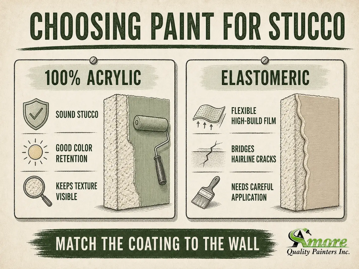 Vintage infographic comparing 100 percent acrylic and elastomeric paint options for exterior stucco.