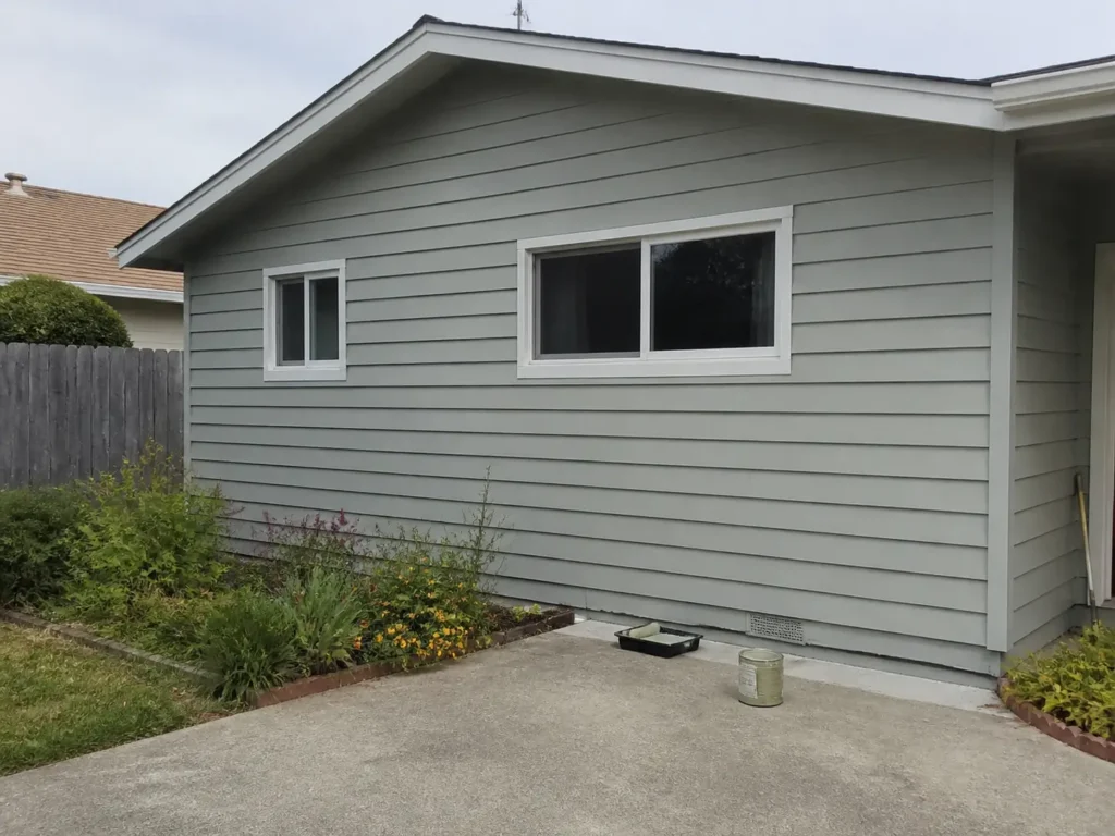 A freshly painted soft sage-gray vinyl-sided home with a paint tray and can beside the wall.