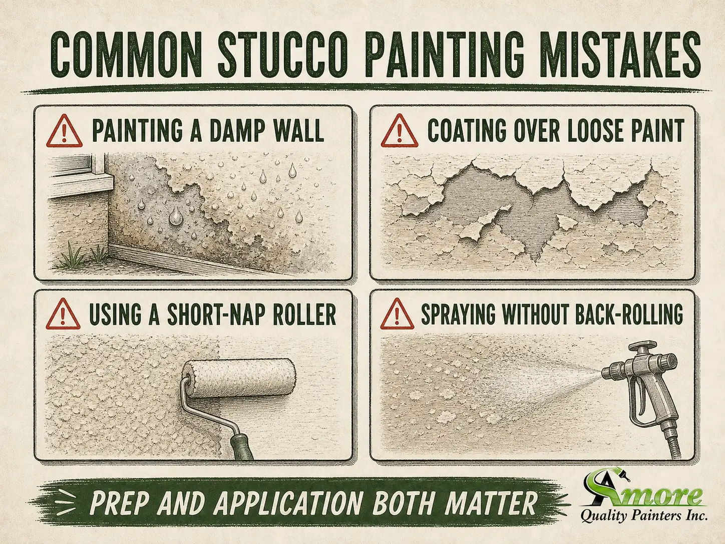 Vintage infographic showing common stucco painting mistakes, including damp walls, loose paint, short-nap rollers, and no back-rolling.