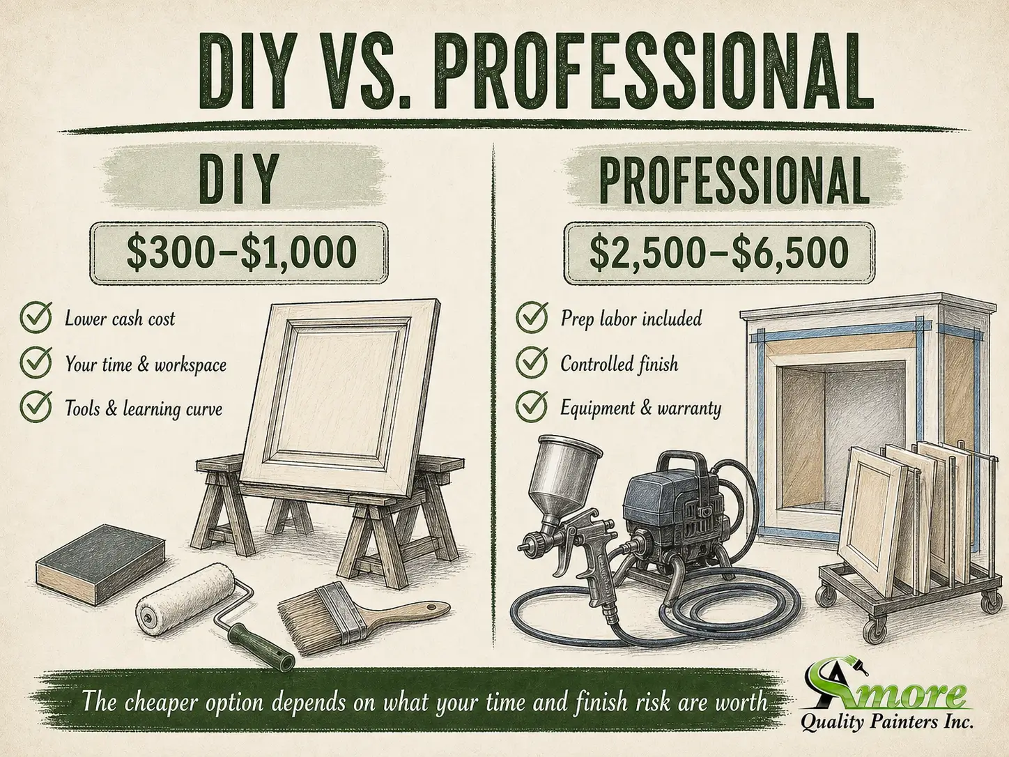 Vintage infographic comparing DIY and professional kitchen cabinet painting costs, tools, labor, and finish considerations.