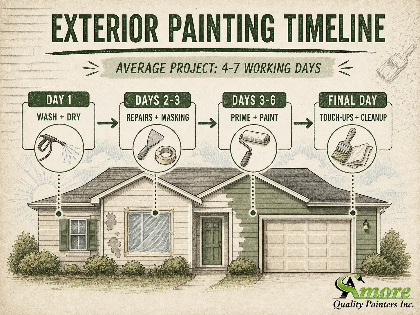 Amore Painters vintage infographic showing a typical 4-to-7-day exterior house painting timeline from washing through cleanup.