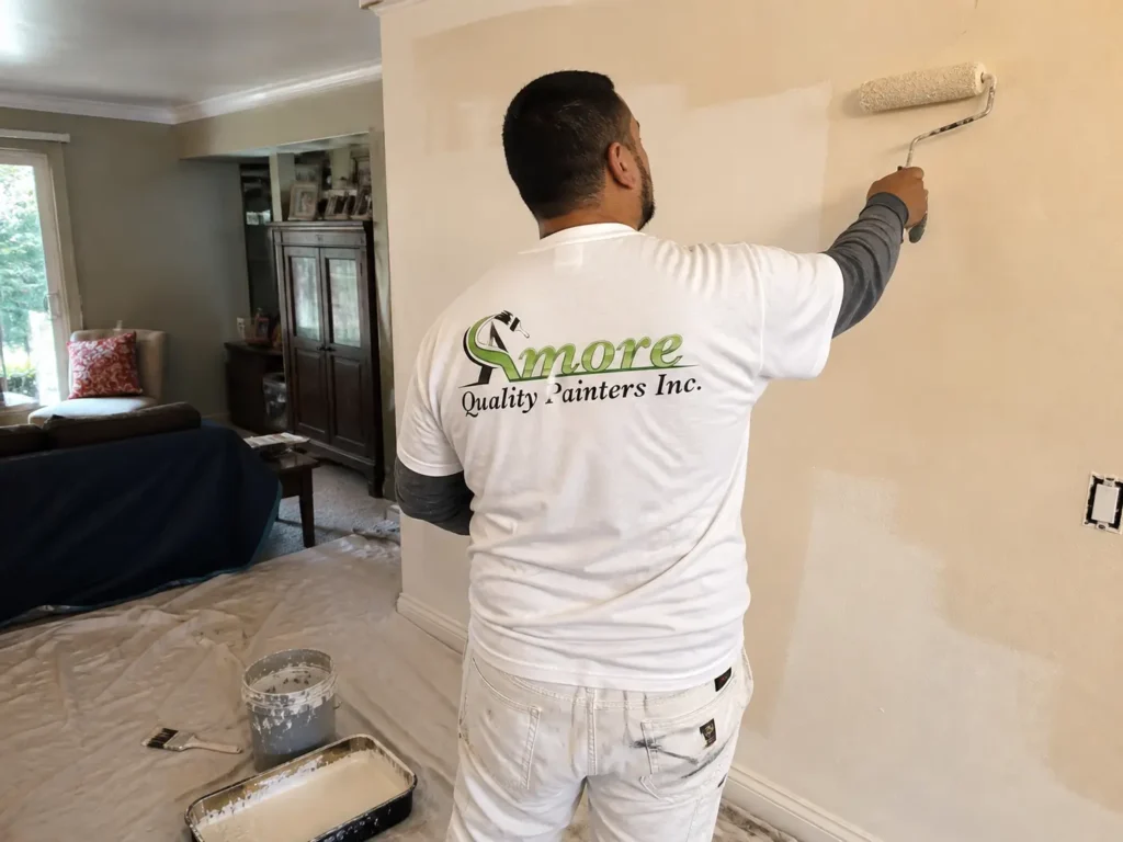 Amore Painters contractor rolls warm off-white paint onto a living room wall during an interior house painting project.