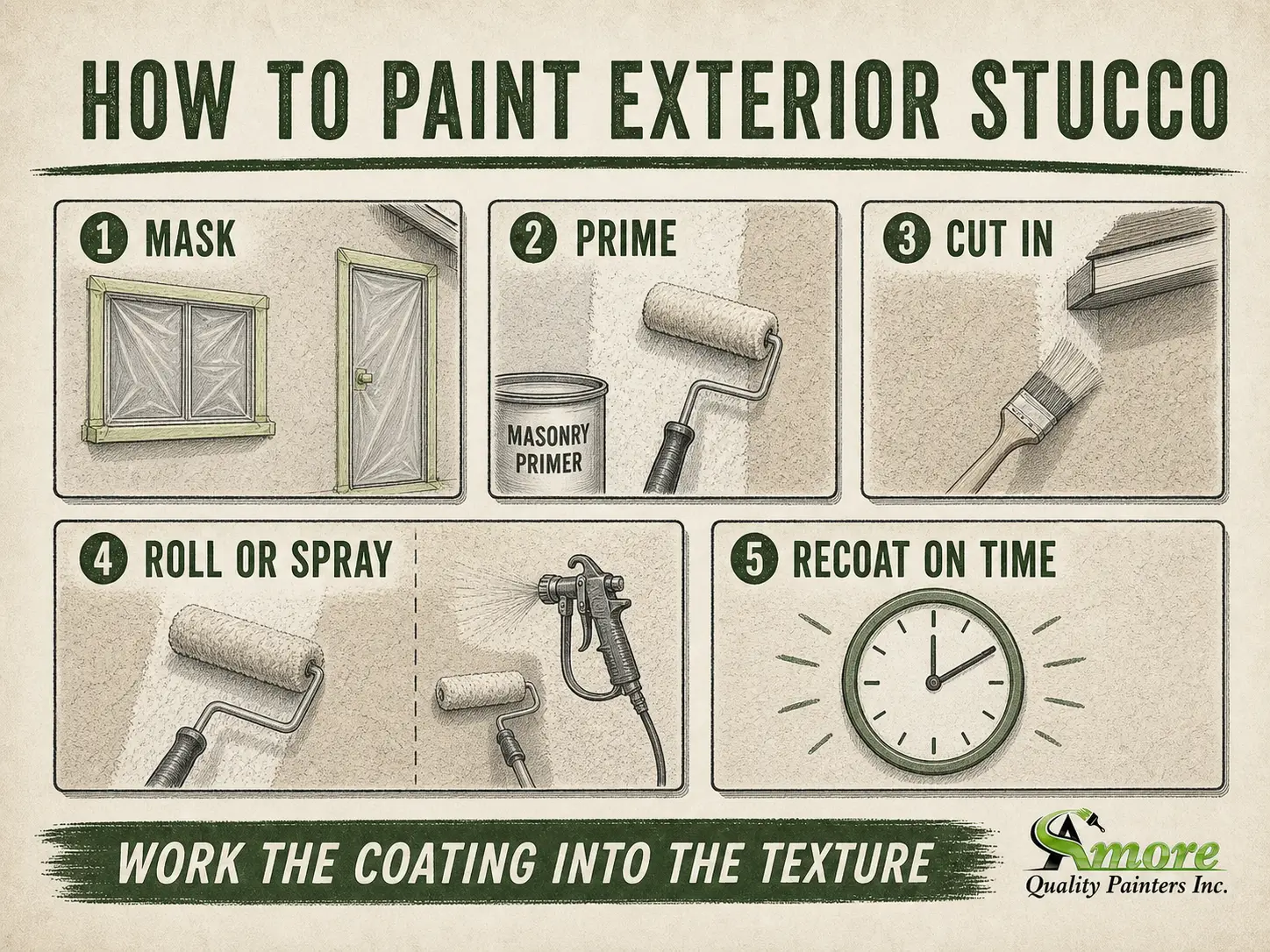 Vintage infographic showing five steps to paint exterior stucco: mask, prime, cut in, roll or spray, and recoat.