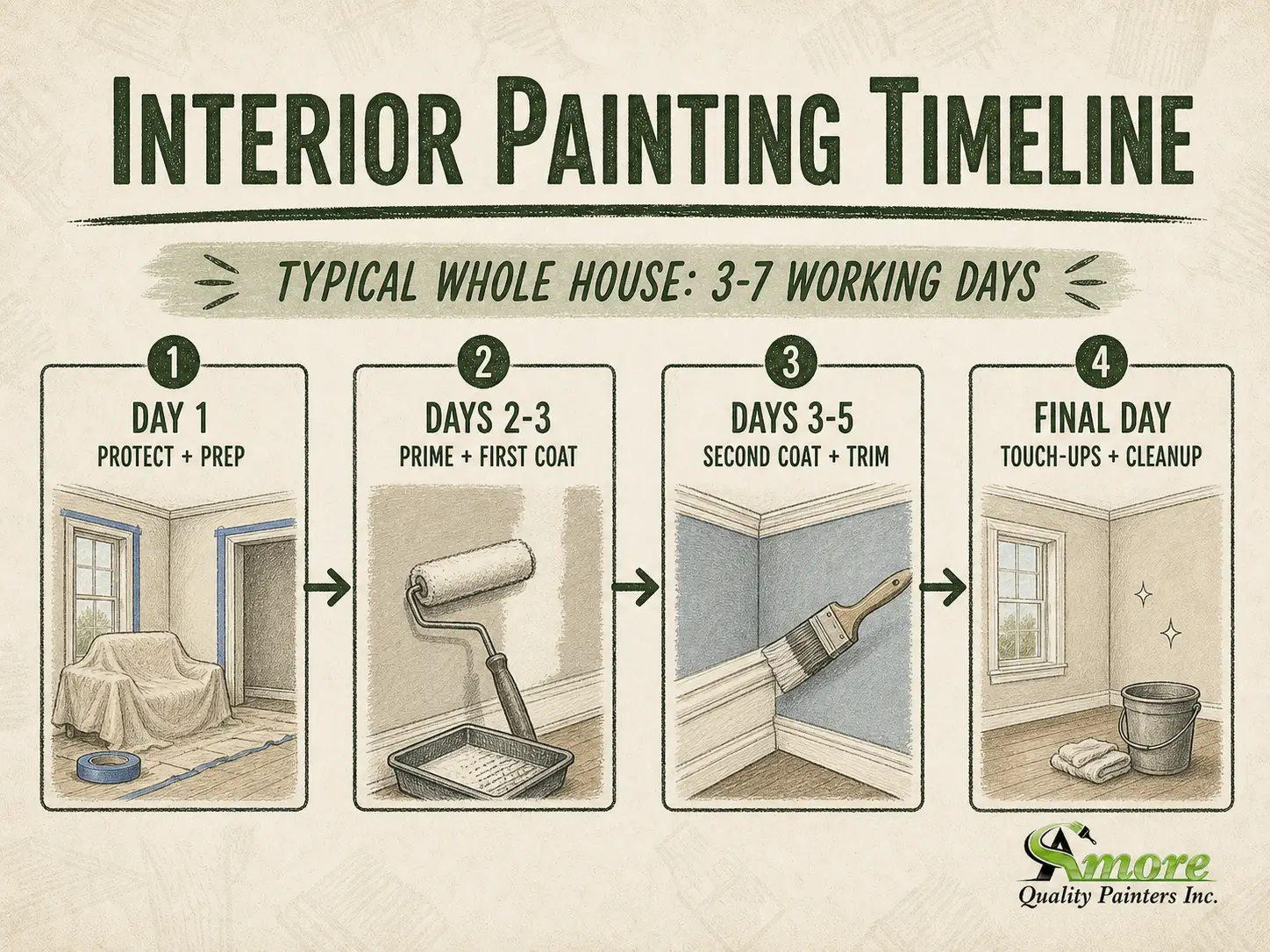 Amore Painters vintage infographic showing a typical 3-to-7-day whole-house interior painting timeline from prep through cleanup.