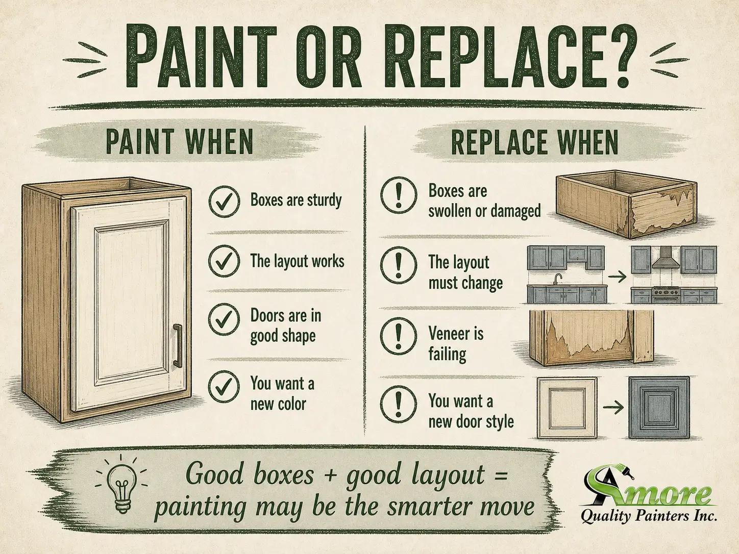 Amore Painters infographic explaining when to paint sturdy kitchen cabinets and when damaged cabinets should be replaced.