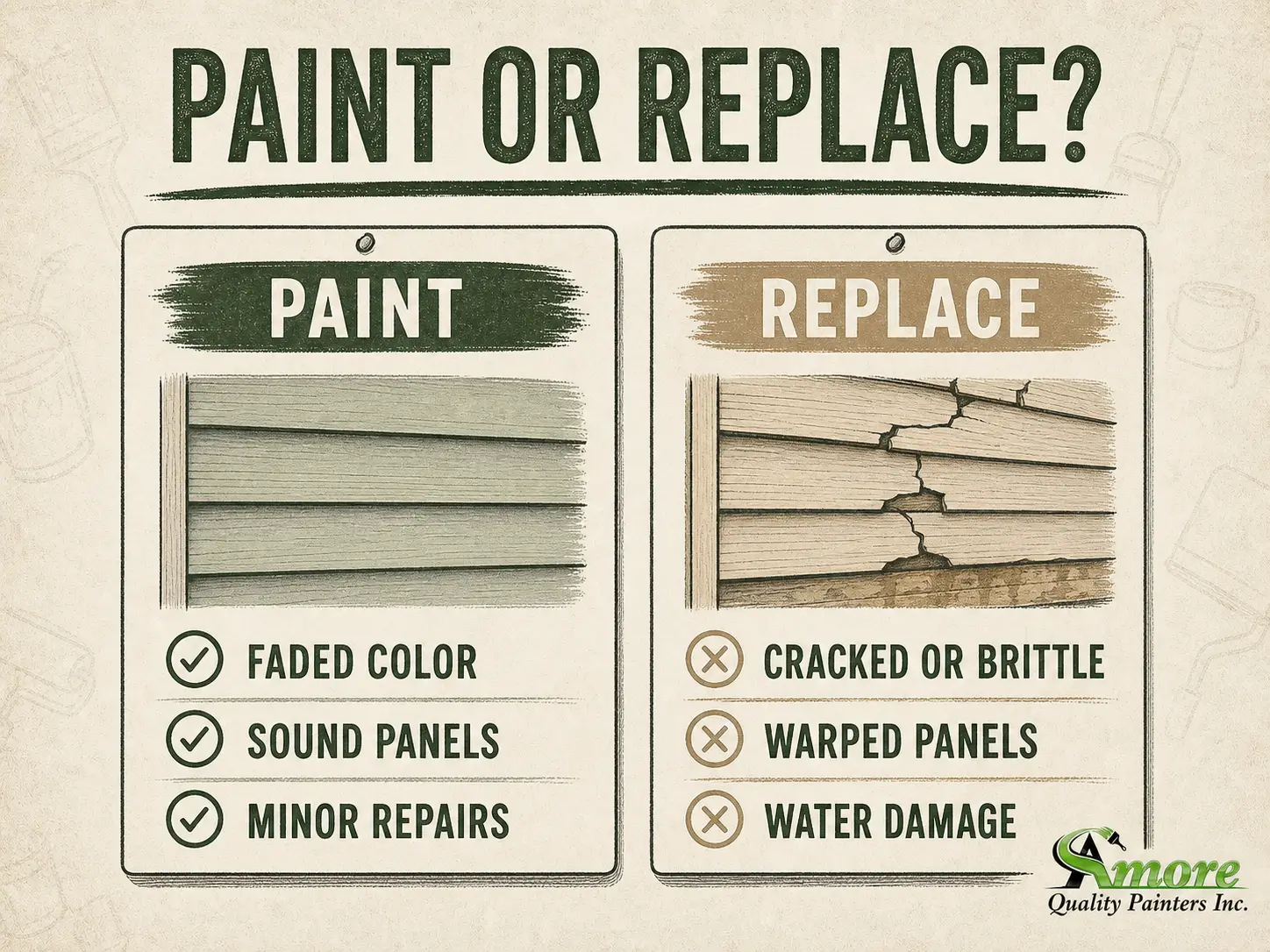 Vintage Amore Painters infographic comparing sound vinyl siding that can be painted with cracked or warped siding that should be replaced.