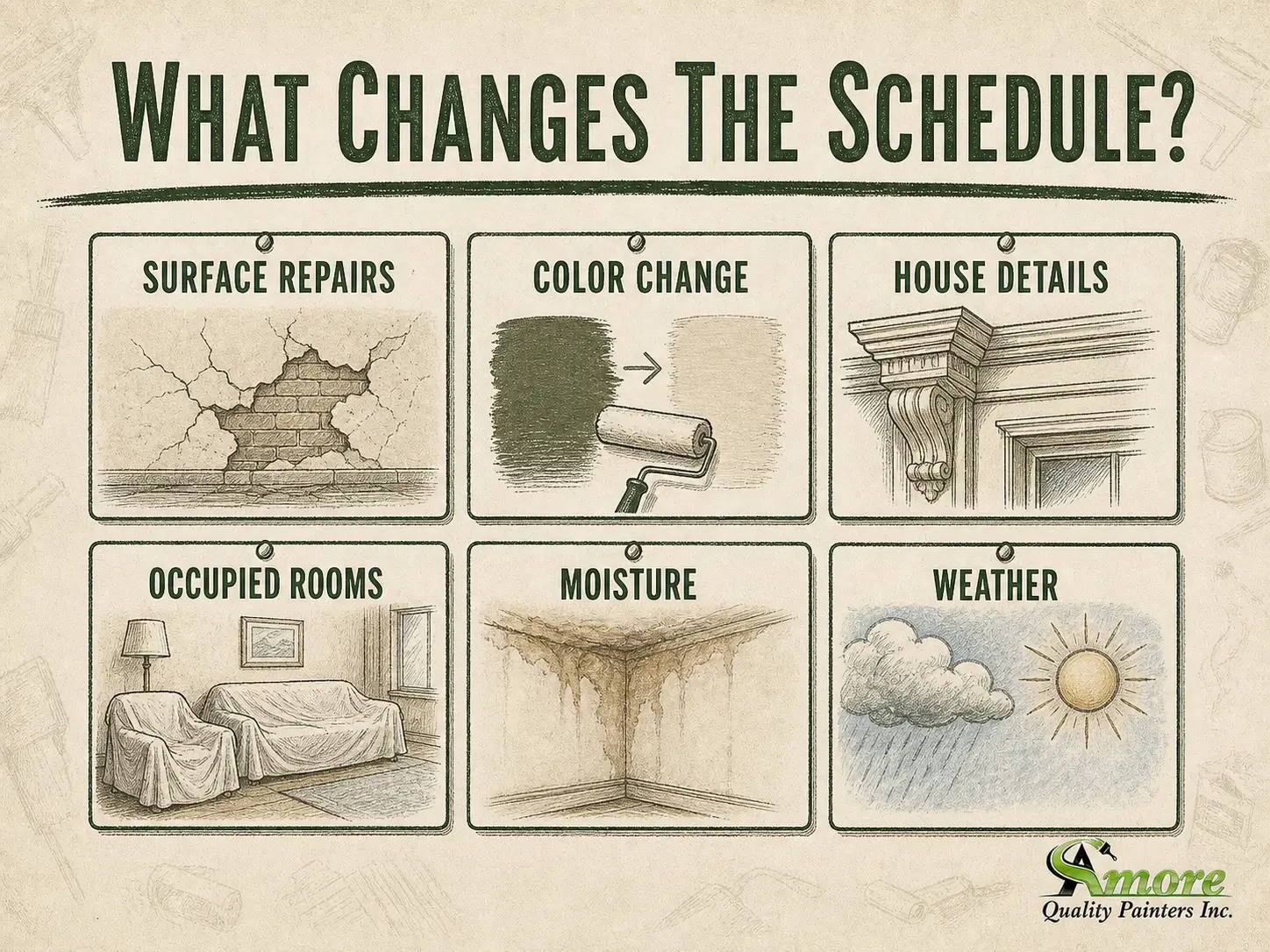 Amore Painters vintage infographic showing six factors that can change a painting project schedule: repairs, color, details, occupied rooms, moisture, and weather.