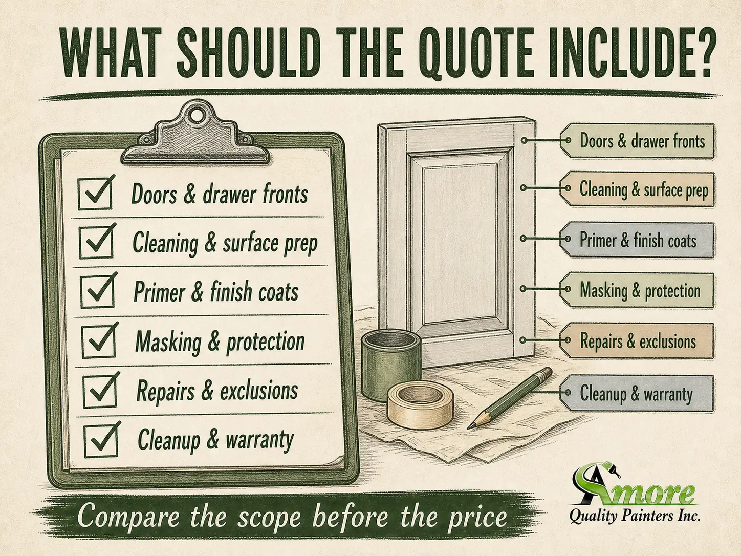 Amore Painters checklist infographic showing what a professional cabinet painting quote should include.
