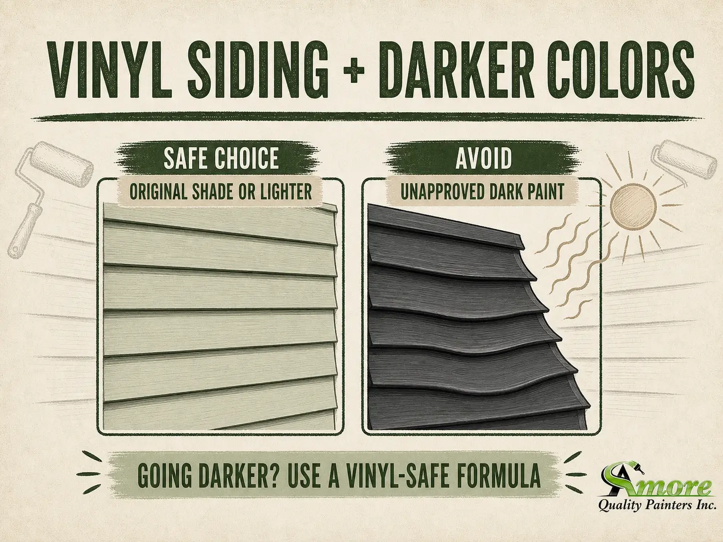 Amore Painters infographic showing safe light vinyl siding colors versus dark paint that can cause heat warping.